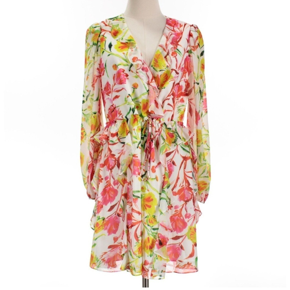 Milly Nora Neon Floral Print Ruffled V-Neck Dress Size 6 In White/Multi